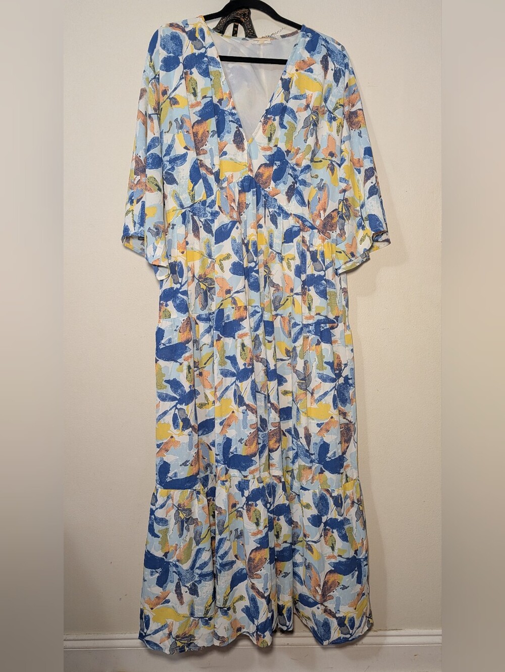 Chicsoul Abstract Botanical Maxi Dress Blue Yellow Dolman Sleeve Women's Size 2X